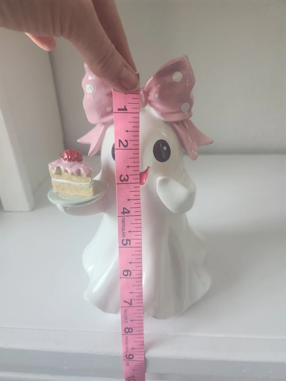 Cute Ceramic Ghost Figurine with Pink Polka Dot Bow and Cake With Strawberry